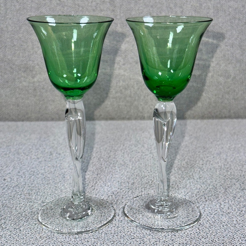 Pair Vintage Cristal D'Arques-Durand Casual Setting Green  Cordial Glasses